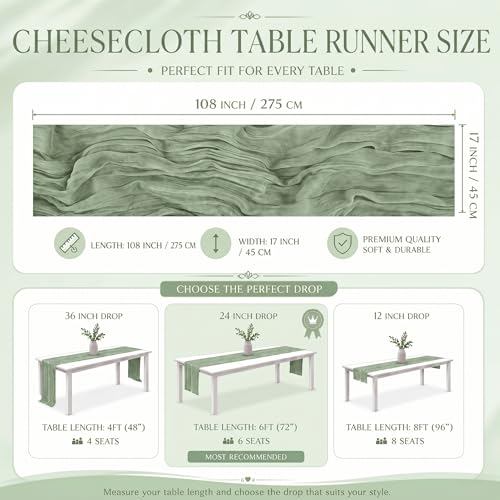 2 Pack Sage Green Cheesecloth Table Runner 17x108 Inch Boho Gauze Decor