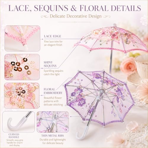 6-Pack Mini Lace Parasols, Decorative Handmade Sequin Umbrellas for Parties
