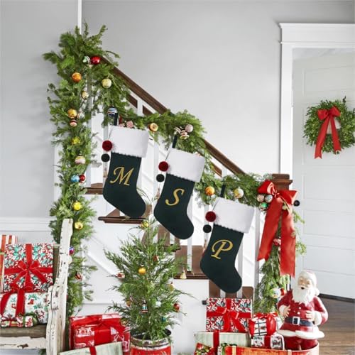 Personalized Velvet Christmas Stocking with Embroidered Letter B - 19.5 Inch Green