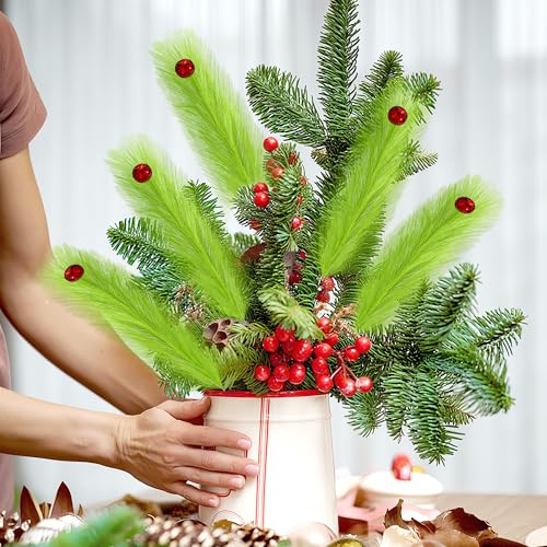 24pc Lime Green Furry Picks with Red Berry Decor - 19.6'' Xmas Tree Topper Stems