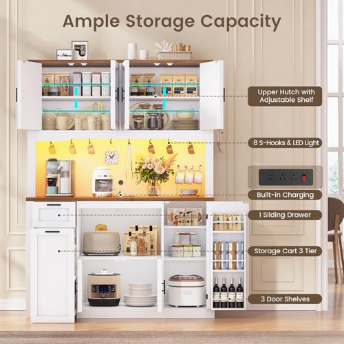 71" Kitchen Pantry Cabinet with Microwave Stand, Charging Station & LED Light