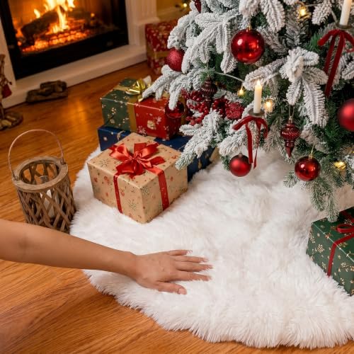 23 Inch Faux Rabbit Fur White Tree Skirt - Xmas Mini Snow White Decor, DOMAINTV