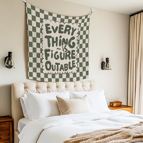 Green Checkered Positive Affirmation Wall Tapestry - 50x60 Inch Wall Decor