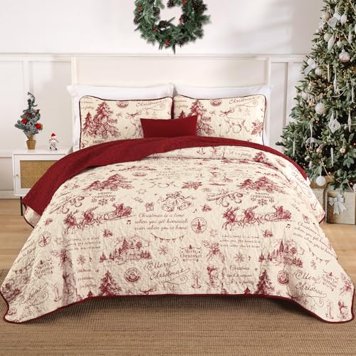 Red King Christmas Quilt Set with 2 Pillow Shams - Microfiber Holiday Bedspread