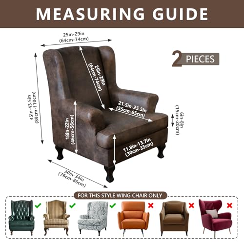 2-Piece Stretch Wingback Chair Covers - Soft Leather Look, Brown