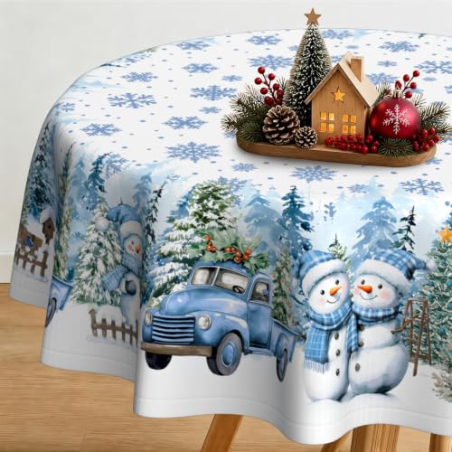 Blue Snowman Round Christmas Tablecloth 60x60 Inch Waterproof Holiday Decor