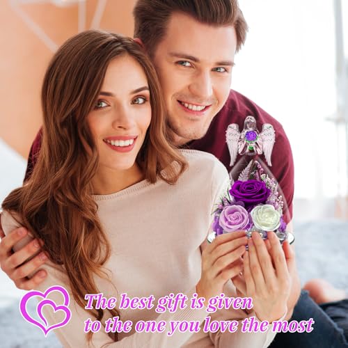 Preserved Purple Rose in Glass Angel Figurine - Eternal Flower Gift