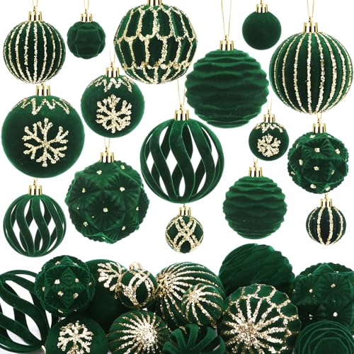 36 Pcs Hunter Green Velvet Christmas Ornaments Set - Flocked Ball Ornaments 1.57in-3.16in with 9 Shapes