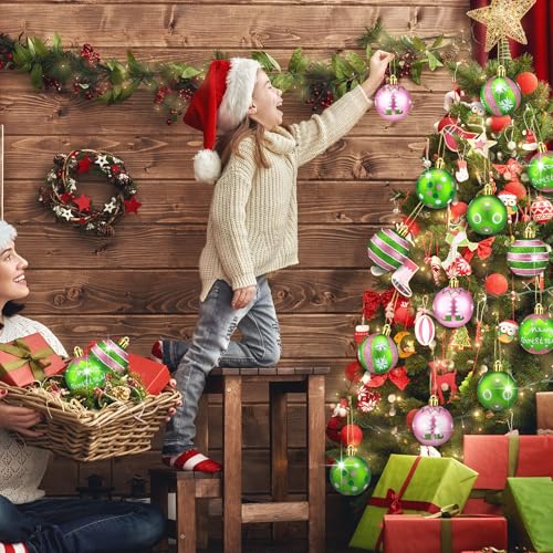 Knitgrip 24 Pink Green Christmas Ball Ornaments - 2 Inch Plastic Tree Decor Set