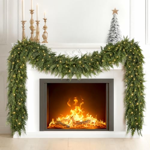 ICX 2Pcs 9.8FT Pre-Lit Cedar Garland with LEDs, Outdoor/Indoor Christmas Decor