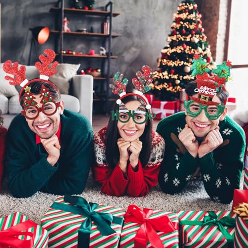 Hotop 72Pcs Christmas Headbands & Glitter Glasses Set – Santa, Reindeer, Tree Party Favors