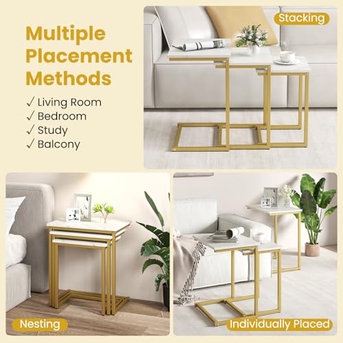GOFLAME Gold & White Faux Marble Nesting Coffee Tables Set of 3 - Modern C-Shaped Side Tables for Living Room & Bedroom