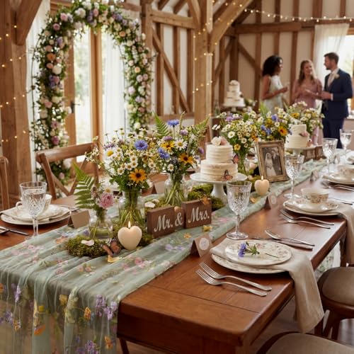 Sage Green Floral Embroidered Table Runner 120-Inch Sheer Spring Decor