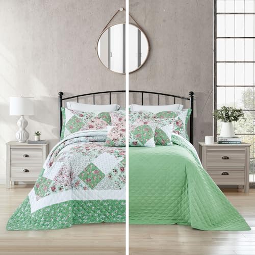 Oversized King Bedspread 128x120, Reversible Floral Quilt Set