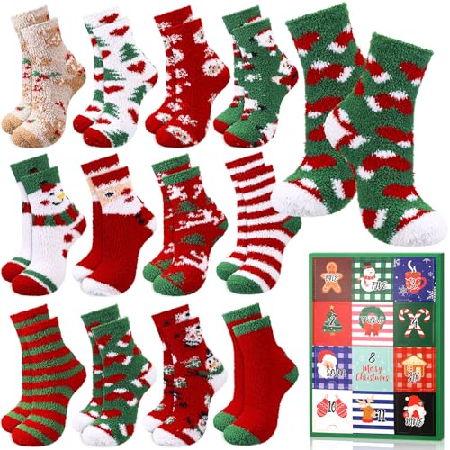 12 Pairs Christmas Fuzzy Socks Advent Calendar Unisex Holiday Warm Socks
