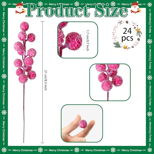 24pcs Christmas Artificial Berry Stems Snow Sprays Holly Berry Stems for Christmas Tree Decoration Holiday Crafts Xmas Ornaments and Home Decor (Pink)