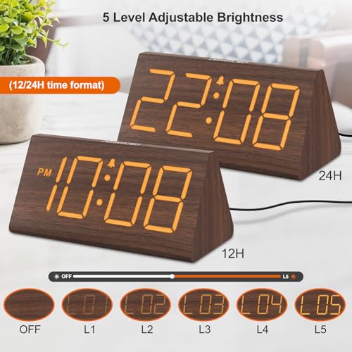 Wooden Digital Alarm Clock with Large Display, USB Charging Port & Dimmer