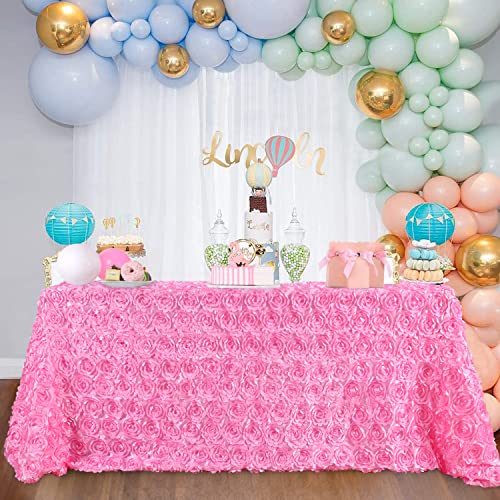 B-COOL 90x156 Inch Pink 3D Rosette Satin Tablecloth - Rectangular