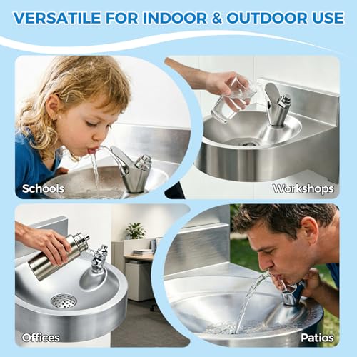 Wall Mounted Stainless Steel Drinking Fountain with Faucet, Compact 11-Inch Basin for Indoor/Outdoor Use