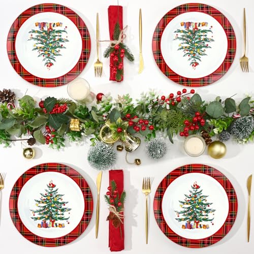 Homlouue Ceramic Christmas Tree Dinner Plates Set of 4, 10.5'' Christmas Tree & Santa Design, Red Plaid Edges
