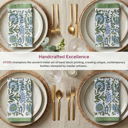 Clover Blue Cotton Dinner Napkins, Handblock Print 20x20 Inch Set of 4
