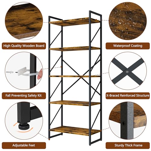 5-Tier Industrial Bookshelf, Tall Metal and Wood Storage Bookcase