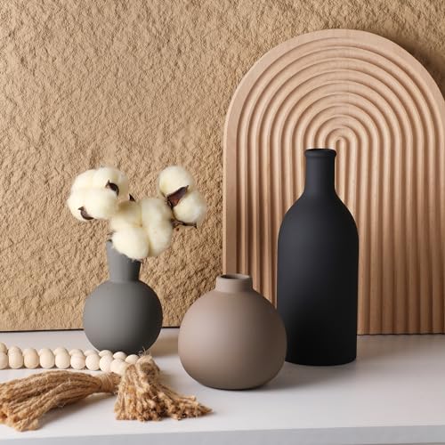 Rustic Ceramic Vase Set of 3 - Farmhouse Pottery Vases for Flowers