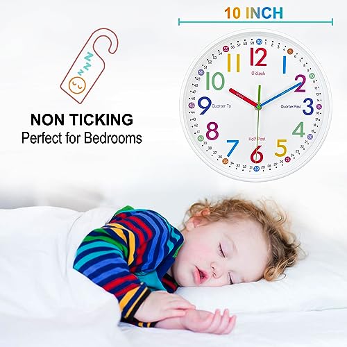10-Inch Silent Wall Clock for Kids Learning to Tell Time - Colorful Analog