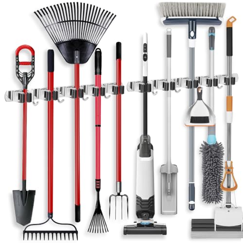IMILLET 2 Pack Stainless Steel Wall Mount Broom & Mop Organizer with 4 Hooks, Heavy Duty Garage Storage