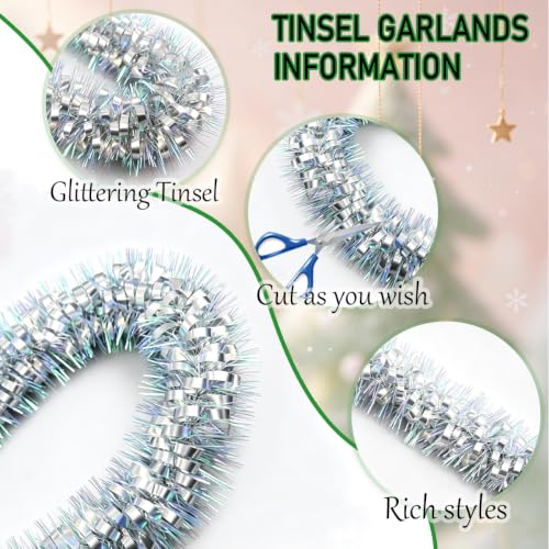 Psoeksdo 33ft Iridescent Silver Tinsel Garland - Glittering Christmas Decor for Indoor Outdoor