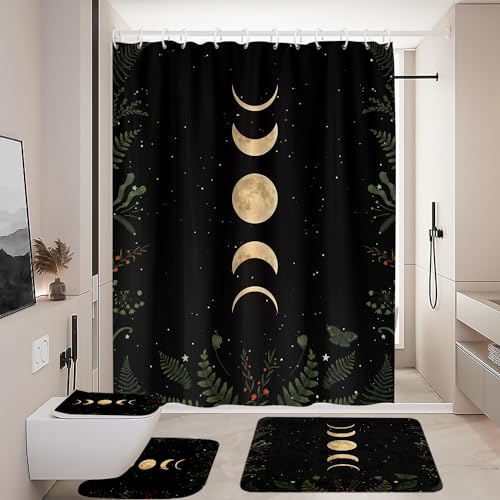 Gold Moon Phase Gothic Bathroom Decor Set - 4-Piece Shower Curtain & Rugs