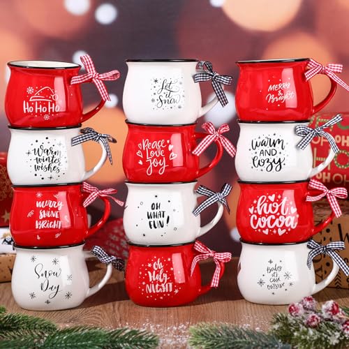 Zubebe 12-Piece Christmas Coffee Mug Set 12 oz Red & White Holiday Ceramic Cups