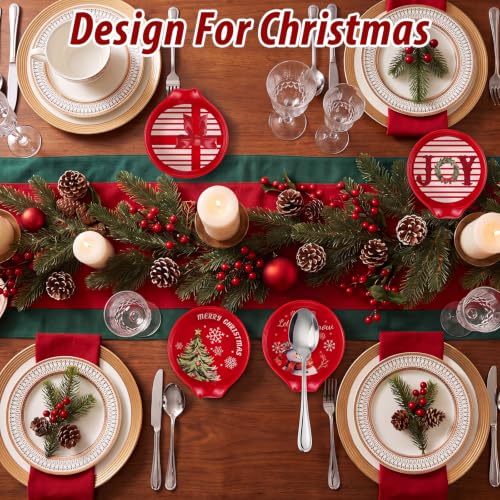 Domensi 4 Pcs Christmas Ceramic Spoon Rests Set - Snowman Christmas Tree Edition