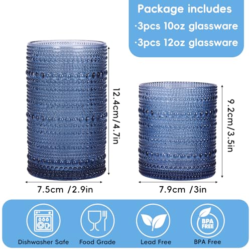 Moretoes Blue Hobnail Drinking Glasses Set of 6, 10oz & 12oz Vintage Glass Cups