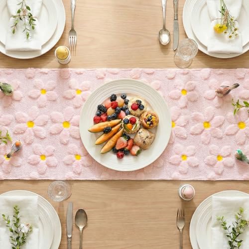 Pink Faux Fur Jacquard Daisy Table Runner 13x108 Inch for Home & Dining