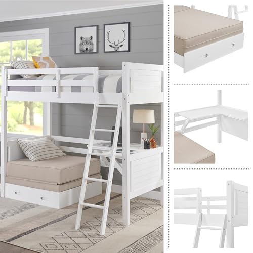 Twin Size Loft Bed with Built-in Desk and Fold-Out Futon, White