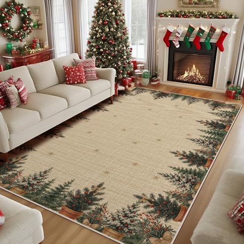 Breling Pine Berry Christmas Area Rug 4x6 ft - Holiday Red & Green Floor Decor