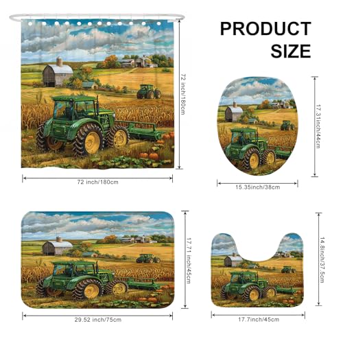 Green Tractor Farmhouse Bathroom Decor Set - 4 Piece Curtain & Rugs