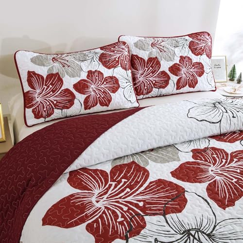 King Size Christmas Red Floral Boho Quilt Set 3 Pieces - DJY
