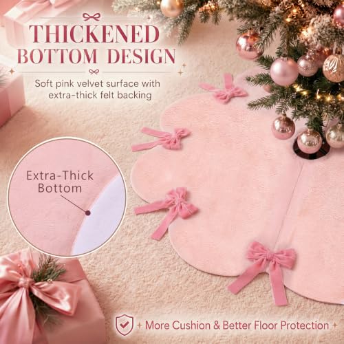 Syhood 30 Inch Pink Velvet Christmas Tree Skirt with Scalloped Edge & Bow (Pink, 30 Inch)
