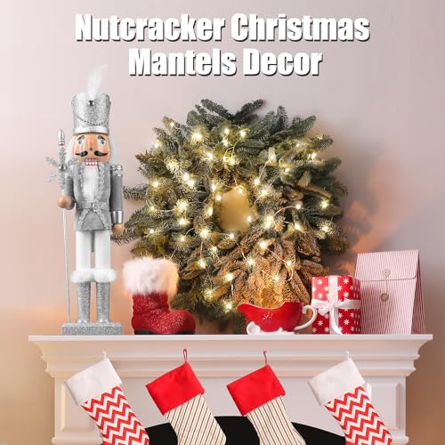 15-Inch Wooden Christmas Soldier Nutcracker Figurine, Silver Holiday Decor