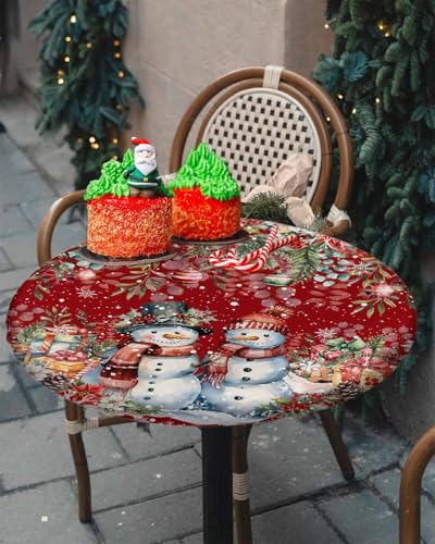 Chucoco Christmas Snowman Round Table Cover 36-44 Inch Elastic Waterproof Red & White