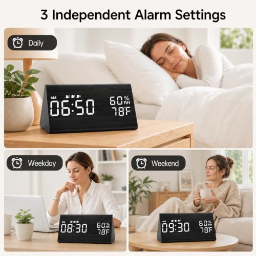 Wooden Digital Alarm Clock with Humidity and Temperature Display - Black