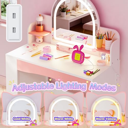 Kids Vanity Table and Chair Set with 3-Mode LED Lighted Mirror and Storage