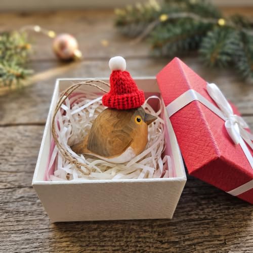 European Robin Wooden Christmas Ornament - Rustic Handcarved Holiday Decor