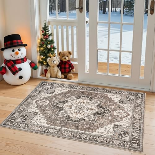 2x3 Washable Entryway Rug, Vintage Distressed Non-Slip Oriental Area Mat