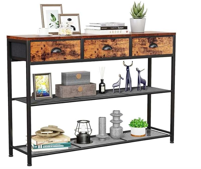 Rustic Narrow Console Table with 3 Fabric Drawers and 2 Mesh Shelves