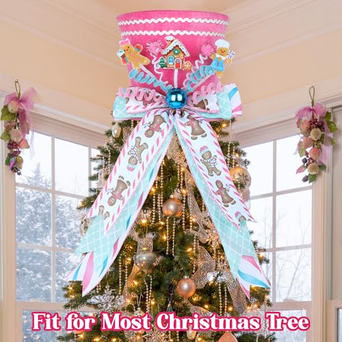 Pink Gingerbread Christmas Tree Topper Hat with Bow - Velvet Candy Cane Imitation