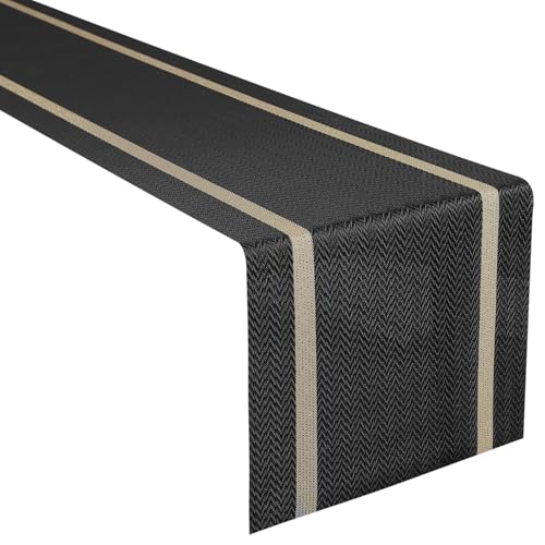 FAVE Woven Vinyl Table Runner 90x12 Inch Black with Gold Threads - Variation: 0-black / 12"x90"