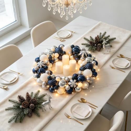 18in Christmas Ball Wreath with Lights – Silver Blue White, Pre‑assembled Front Door Decor